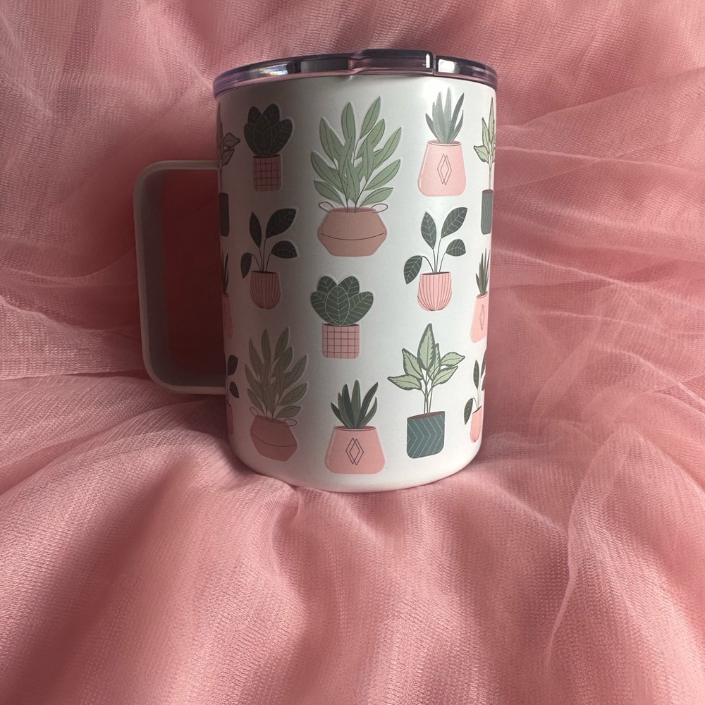 Stainless steel 14 ounce travel mug. White, pink and green with Plant Pot Design - Picture 2 of 4
